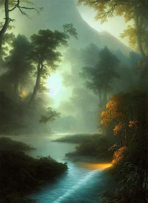 The Foggy River Light Shafts Stunning Atmosphere Stable Diffusion