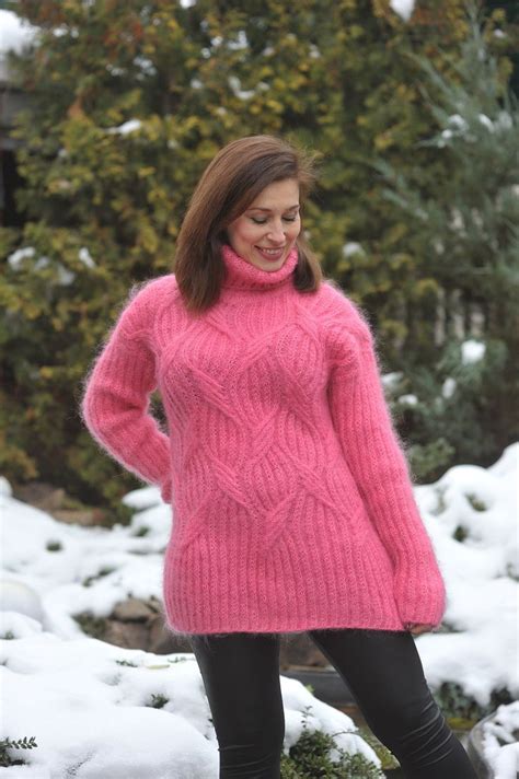 Mohair Womens Sweater Pink Turtleneck Hand Knit Sweater Etsy Uk Sweaters For Women Hand