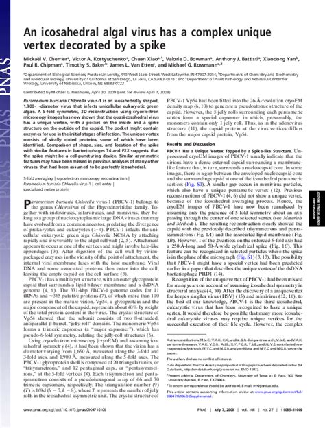 Pdf An Icosahedral Algal Virus Has A Complex Unique Vertex Decorated