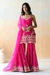 Buy Fuchsia Dupion Silk Embroidery Floral V Neck Kurta Sharara Set For