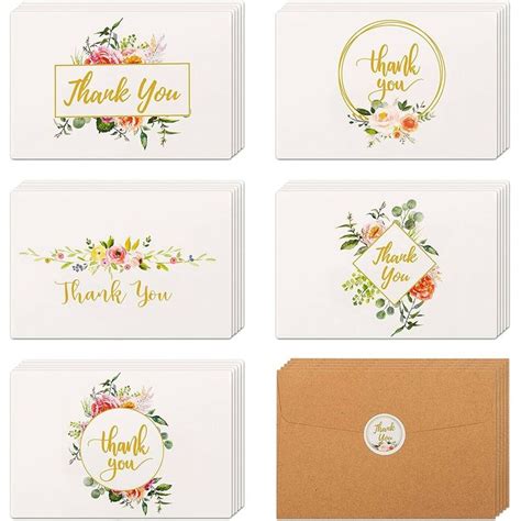 40 Floral And Gold Thank You Cards Bulk Box Set With Kraft Envelopes