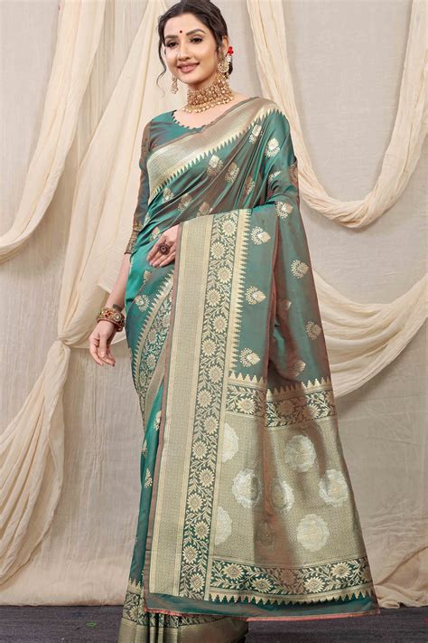 Woven Jacquard Banarasi Silk Saree In Teal Green Ucchal Fashion