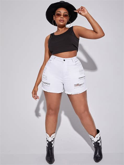 Shein Sxy Plus High Waist Ripped Raw Hem Denim Shorts For Sale