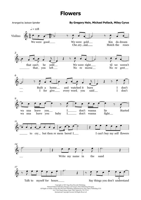 Flowers Arr Jackson Spindler By Miley Cyrus Sheet Music For Violin Solo At Sheet Music Direct