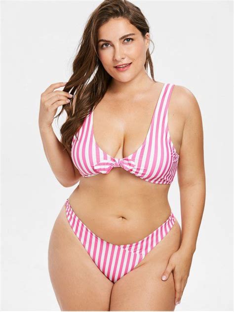 Off Plus Size Striped Tie Front Bikini Set In Hot Pink