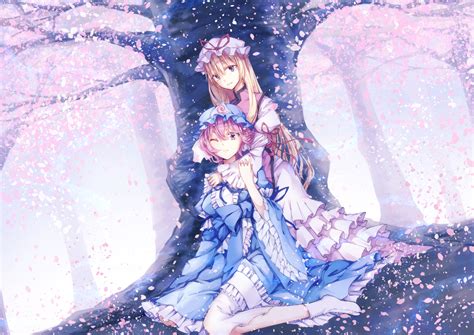 2girls Aliasing Blonde Hair Cherry Blossoms Dress Flowers Forest