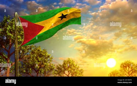 Waving Flag Of Sao Tome And Principe At Sunrise For State Holiday