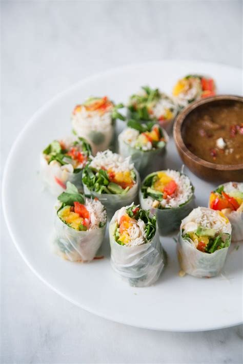 Mango Spring Rolls With Pickled Shallot Spicy Almond Butter Sauce — Sophie Bourdon Спринг