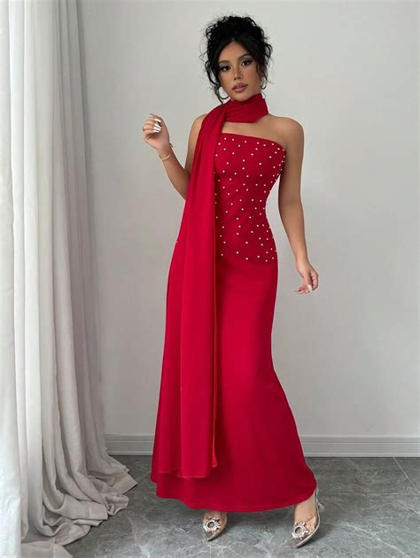 Shein Priv Elegant Red Christmas Party Dress Off Shoulder Beaded Long