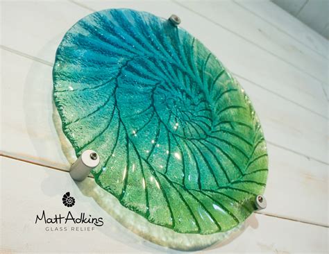 Ammonite Wall Panel Round Turquoise Blue Green 60cm With 3 Fixings Matt Adkins At Glass