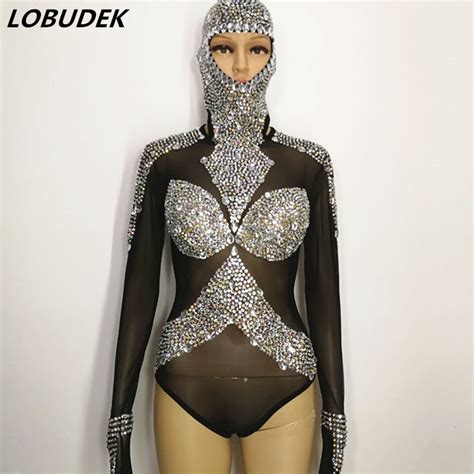 Sparkly Rhinestones See Through Mesh Bodysuit Sexy Perspective Crystals