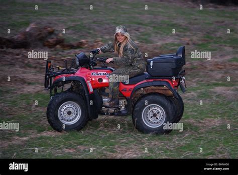 Young 21 Yo Female Woman Girl Hunter In Camoflauge On Atv All Terrain
