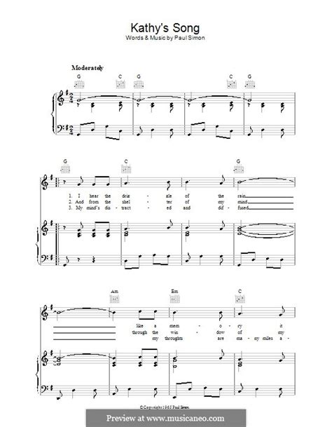 Kathys Song (Simon & Garfunkel) by P. Simon - sheet music on MusicaNeo