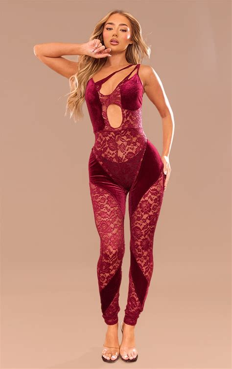 Burgundy Lace Velvet Contrast Cut Out Jumpsuit Jumpsuits And Rompers