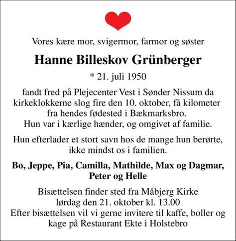 Hanne Billeskov Gr Nberger D Dsannoncer I Danmark