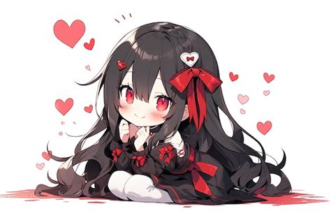 Cute happy anime chibi girl with black hair with red bow on a white ...