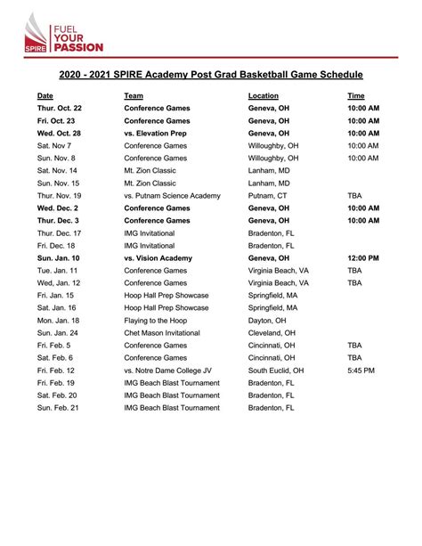 2020 - 2021 SPIRE Academy Post Grad Basketball Game Schedule by SPIRE Academy - Issuu