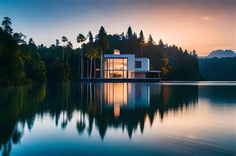 Una Casa Sobre El Agua Con Un Atardecer De Fondo Foto Premium