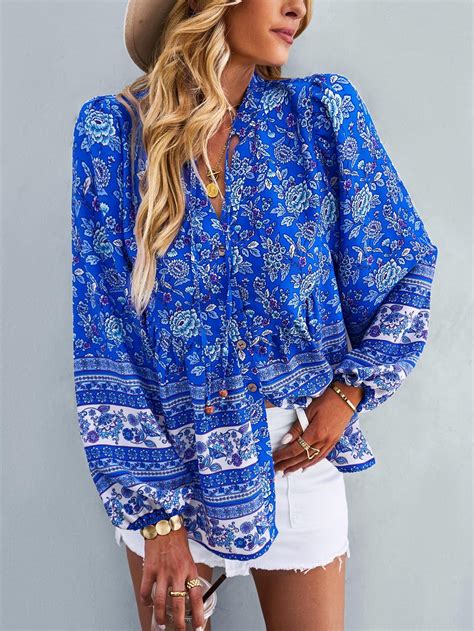 Floral Print Button Front Blouse Long Sleeve Tops Women Long Sleeve