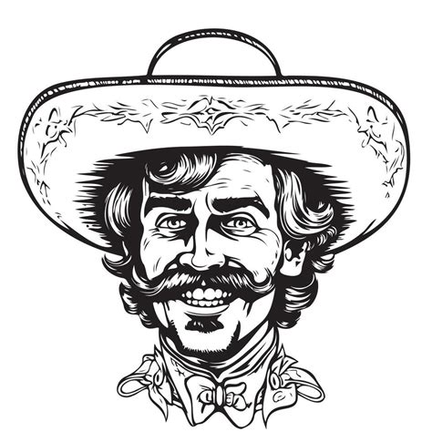 Portrait Of Smiling Mexican Man In Sombrero Sketch Illustration