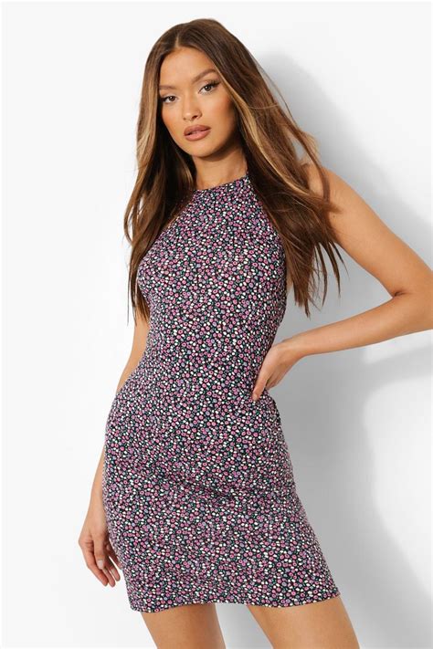 Womens Ditsy Floral Halterneck Mini Dress Boohoo Uk