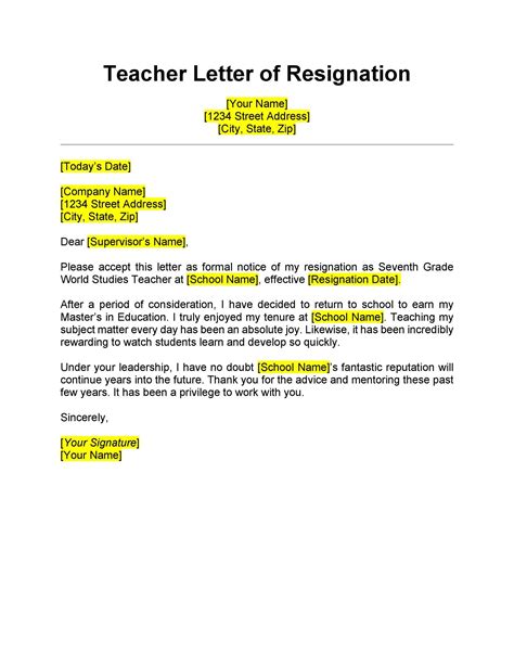 Letter Of Resignation Sample Teacher