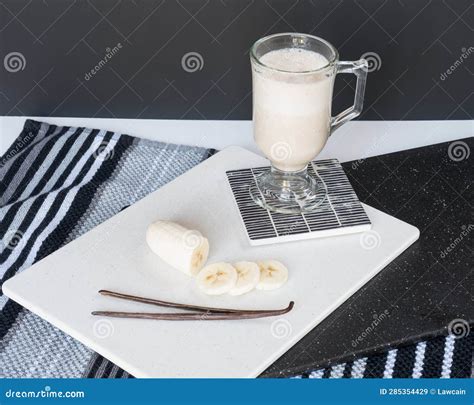 Vanilla Banana Smoothie With Banana And Vanilla Bean Horizontal Stock