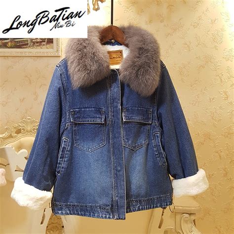 Winter Big Fur Collar Lambswool Lining Denim Women Loose Outwear Korean