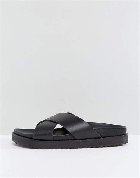 Asos Cross Over Strap Slide Sandals In Black Leather For Men Lyst