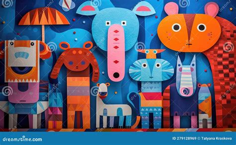 Colorful Illustration with Cute Animals in Cubism Style Stock ...