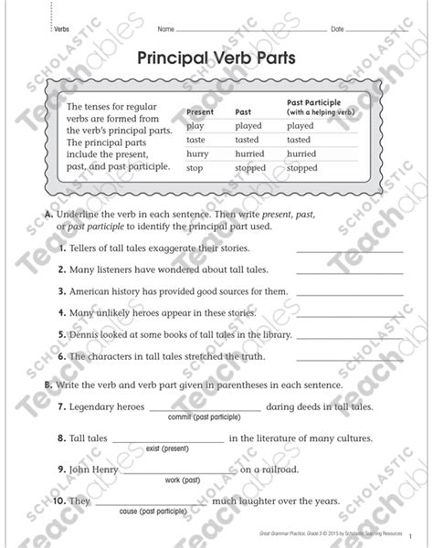 Principal Verb Parts Grammar Practice Page Printable Skills Sheets