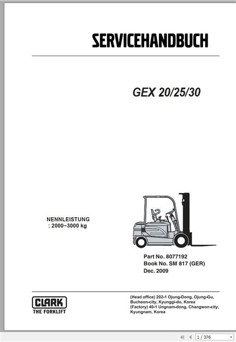 Clark Forklift GEX 20 25 30 Service Manual 8077192 SM 817 12 2009 DE