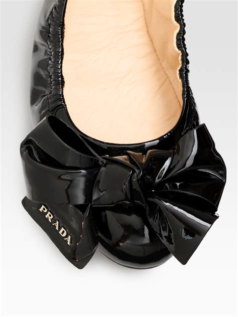 Lyst - Prada Patent Leather Puffer Bow Ballet Flats in Black