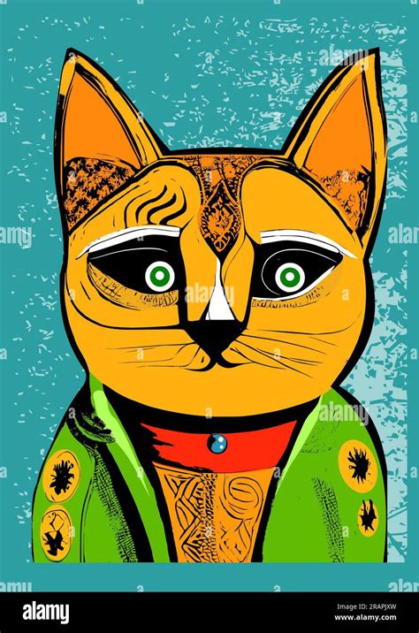 Cute Colorful Folk Art Naive Art Cat Looking At Us With Mesmerizing