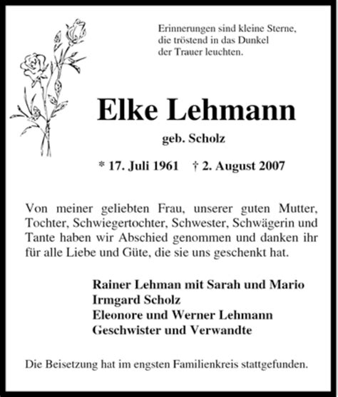 Traueranzeigen Von Elke Lehmann Trauer In Nrw De