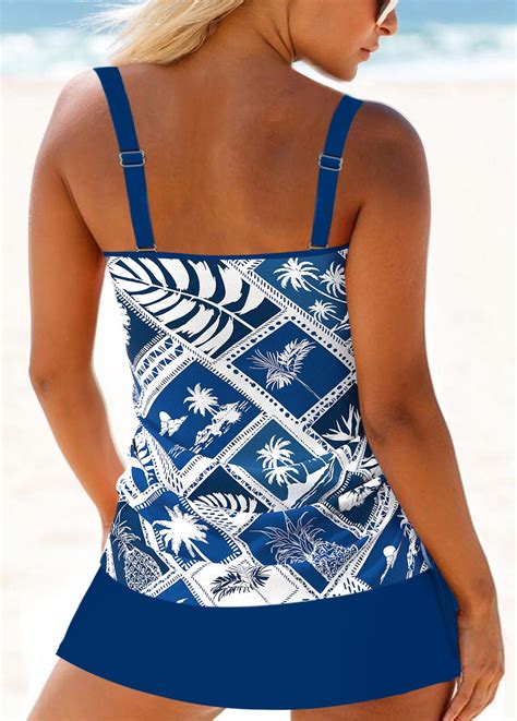 Tropical Plants Print Ruched Navy Tankini Set Rosewe USD 36 98