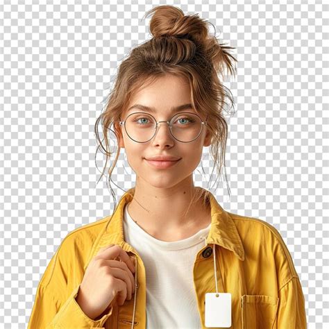 Premium Psd A Girl Wearing A Yellow Jacket With A Tag That Says Shes