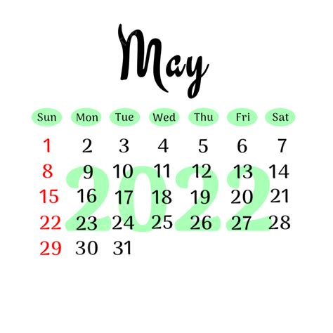 Simple Calendar May 2022 With Green Colour May 2022 Calendar May 2022 2022 Calendar Png