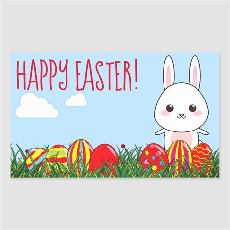 Cute Happy Easter Bunny And Eggs On Grass Rectangular Sticker Zazzle