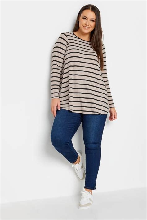 Yours Plus Size Stone Brown And Black Stripe Ribbed Swing T Shirt Yours