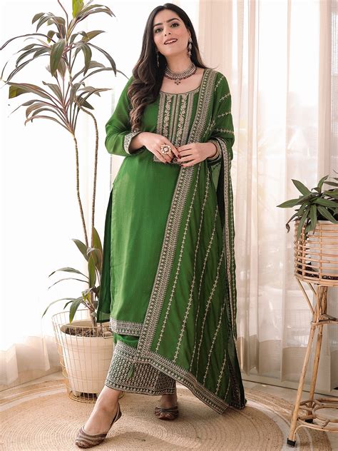 Libas Women Green Floral Yoke Design Kurta With Palazzos And With Dupatta