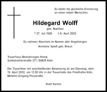 Traueranzeigen Von Hildegard Wolff WirTrauern