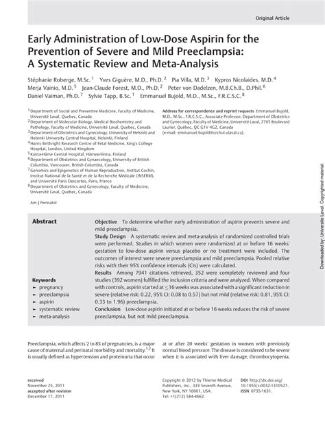 PDF Early Administration Of Low Dose Aspirin For The Prevention Of