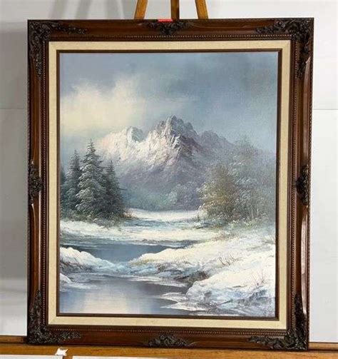 Oil painting, winter mountain scene, nicely framed, 25x29 - Hash Auctions