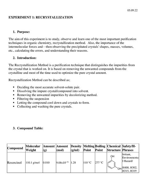 PRE LAB 1 ORGANIC CHEM LAB REPORT 1 05 EXPERIMENT 1