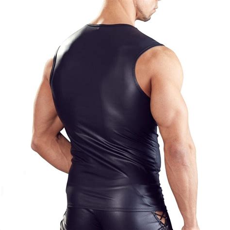 Mens Sexy Faux Leather Solid Color Nightclub Stage Performance T Shirt