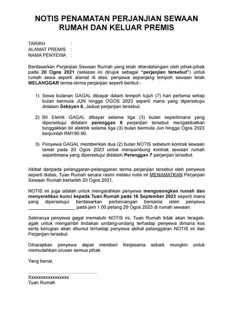 Notis Keluar Rumah Latest Notis Penamatan Perjanjian Sewaan Rumah Dan