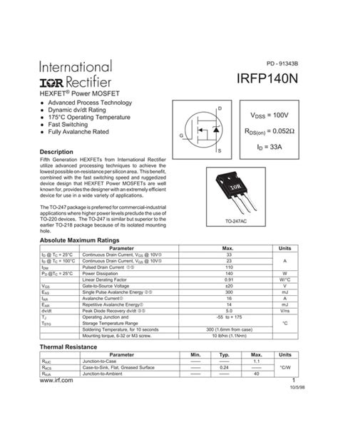 Original Power MOSFET IRFP140PBF IRFP140 IRFP140N 100V 33A TO 247 New