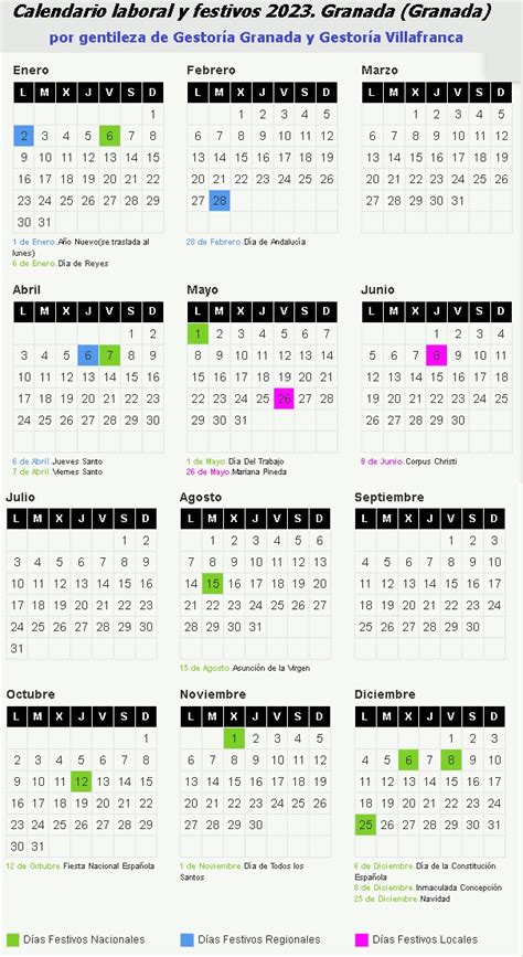 Calendario Laboral Y Festivos E Inhábiles Granada 2023