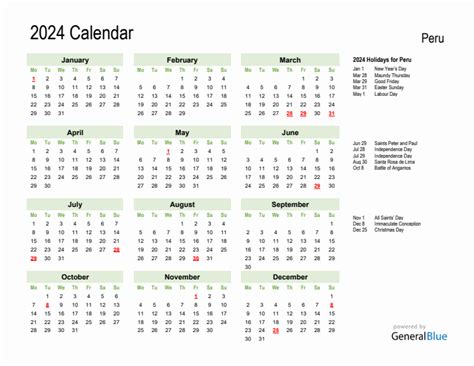 Holiday Calendar 2024 For Peru Monday Start